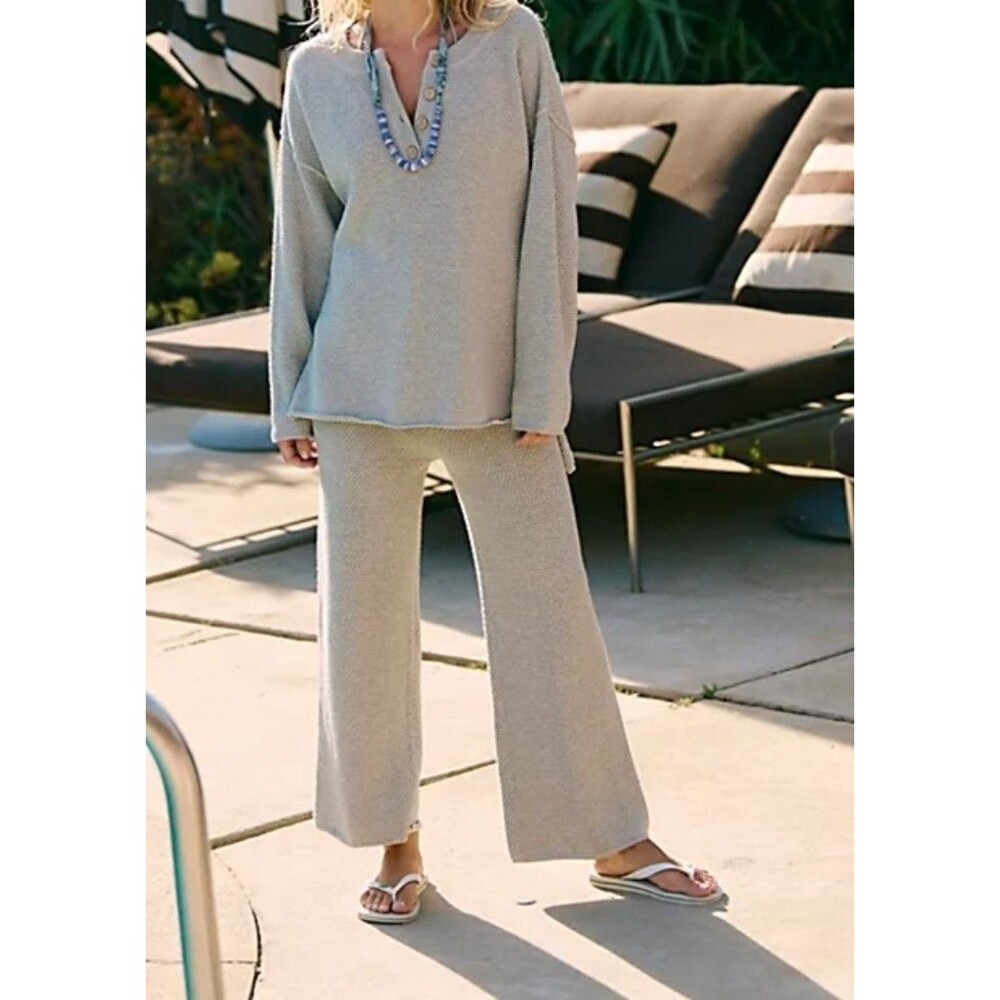 Free People Hailee Sweater Set XL Grey Knit Lounge Set Oversized Top Wide Leg